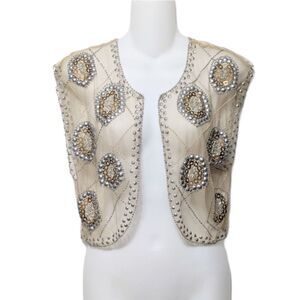 MOYNA Beaded Lace Mesh Studded Vest Cardigan S